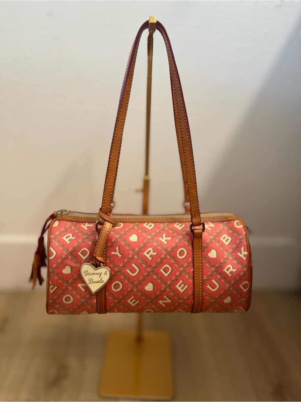 Dooney & Bourke Coral Pink Logo Barrel Shoulder Bag with Tan Trim